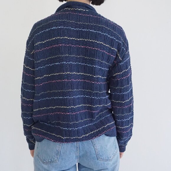 Vintage Northern Reflections Navy Stripe Knit Collared Cottagcore Sweater M - Picture 2 of 9